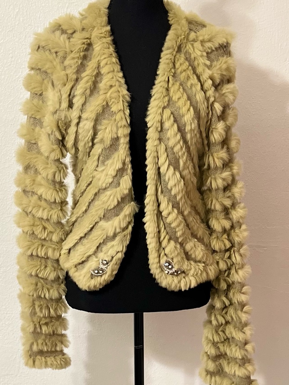 Icicle 90s y2k Faux Rabbit Fur Olive Teddy Open-Front Jacket with Jewel Accents